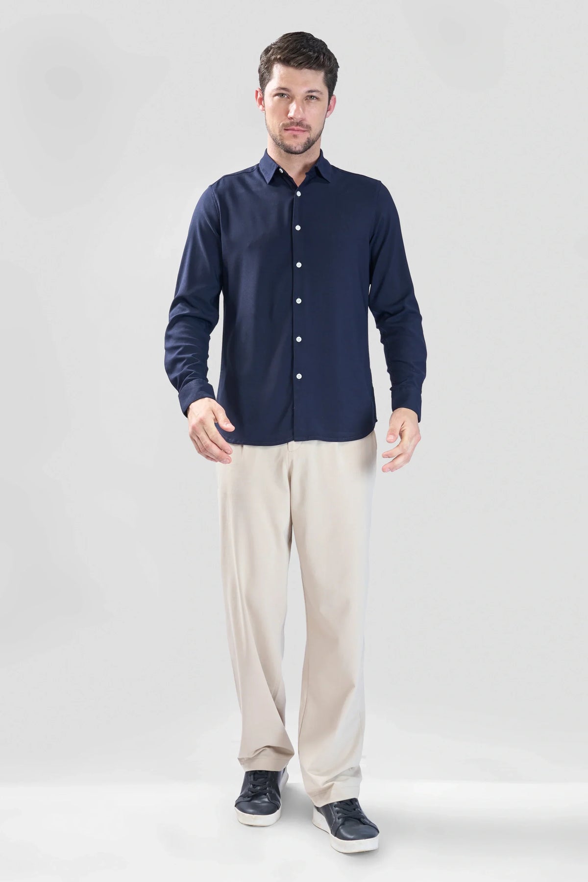 Xkind Navy Blue Plain Slim Fit Shirt | Grocsy