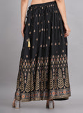 House of RP Women's Black & Golden Rayon Ethnic Printed Circular Skirt | Grocsy