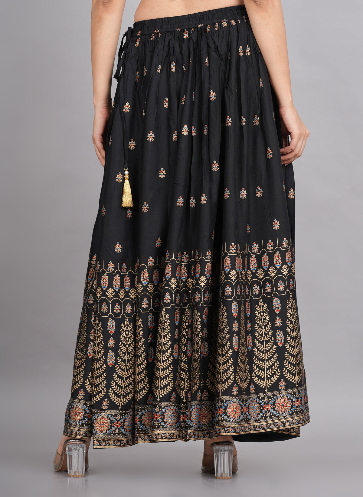 House of RP Women's Black & Golden Rayon Ethnic Printed Circular Skirt | Grocsy