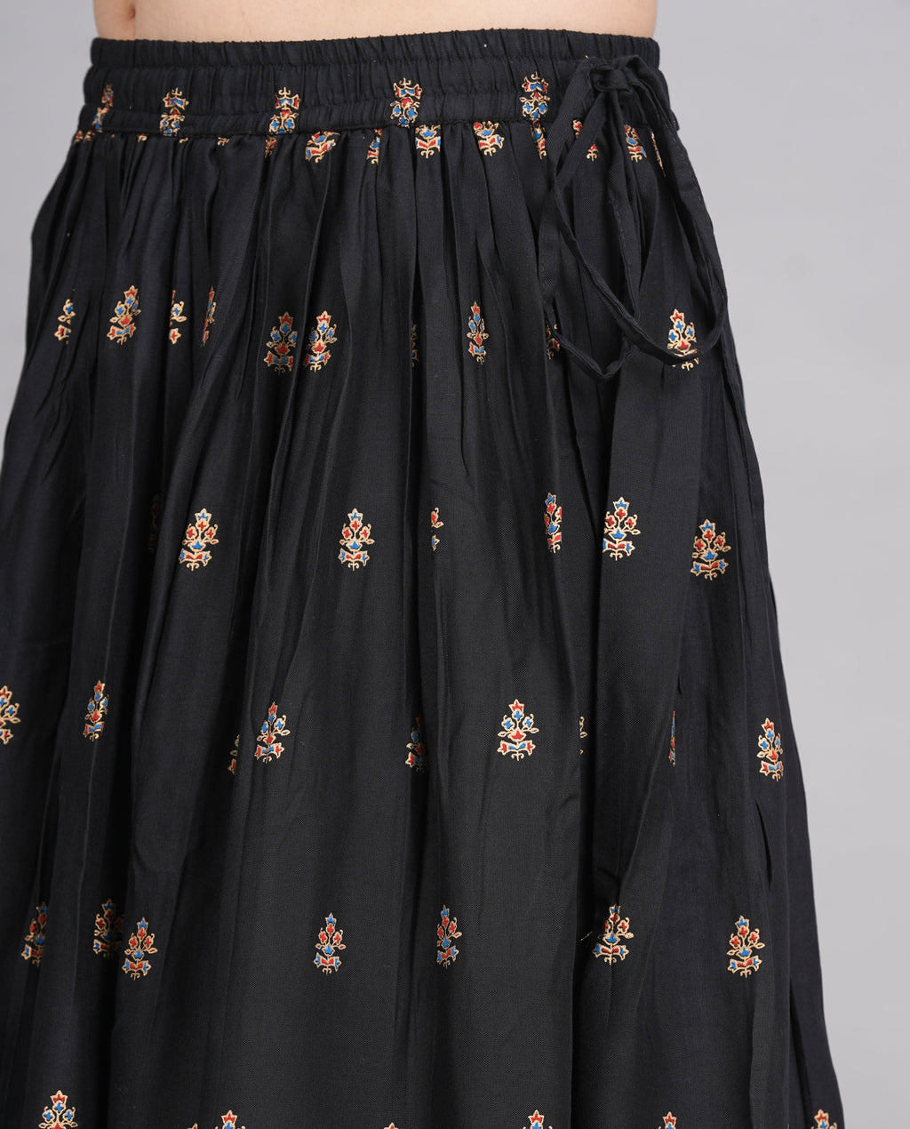 House of RP Women's Black & Golden Rayon Ethnic Printed Circular Skirt | Grocsy