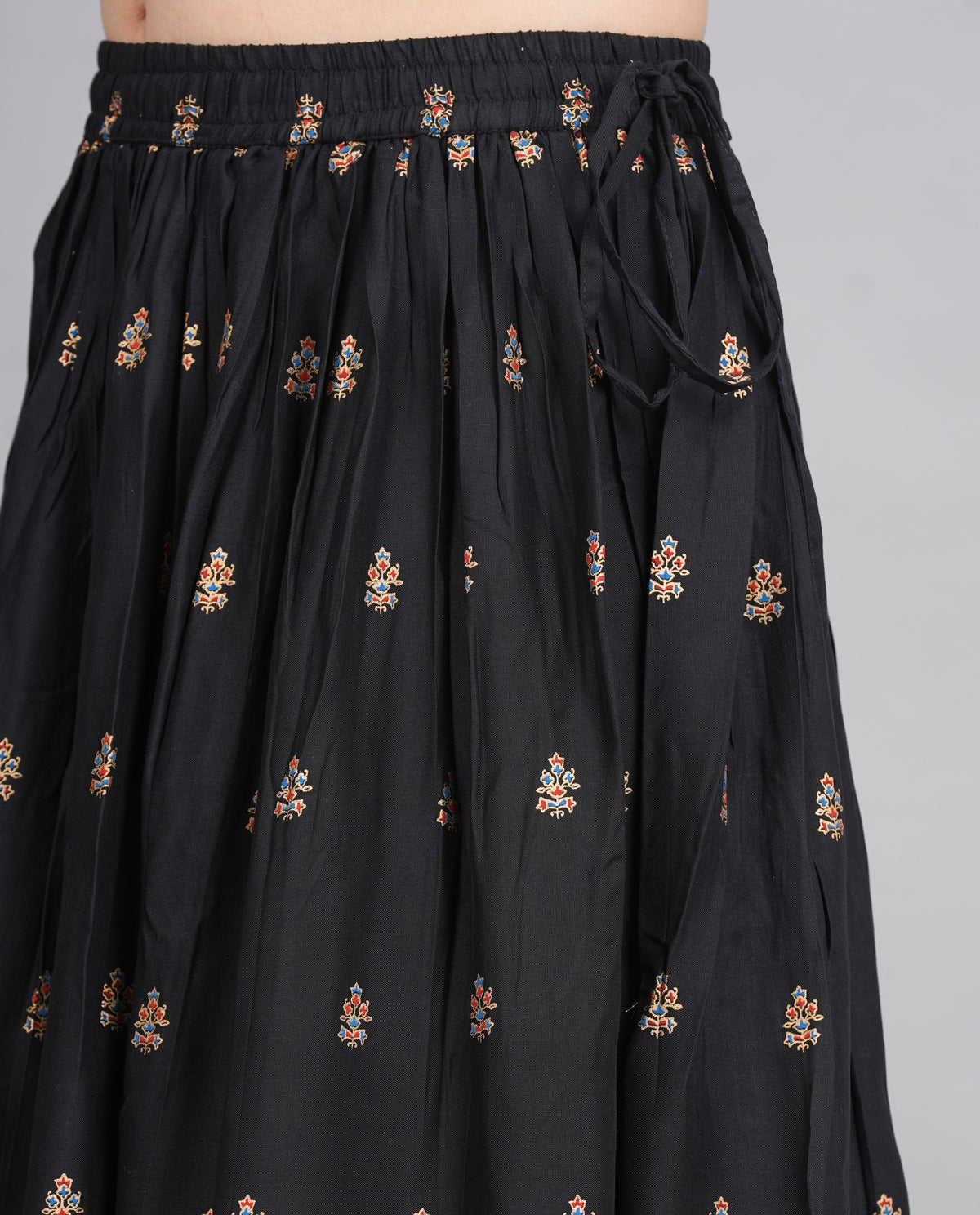House of RP Women's Black & Golden Rayon Ethnic Printed Circular Skirt | Grocsy