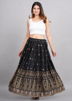 House of RP Women's Black & Golden Rayon Ethnic Printed Circular Skirt | Grocsy