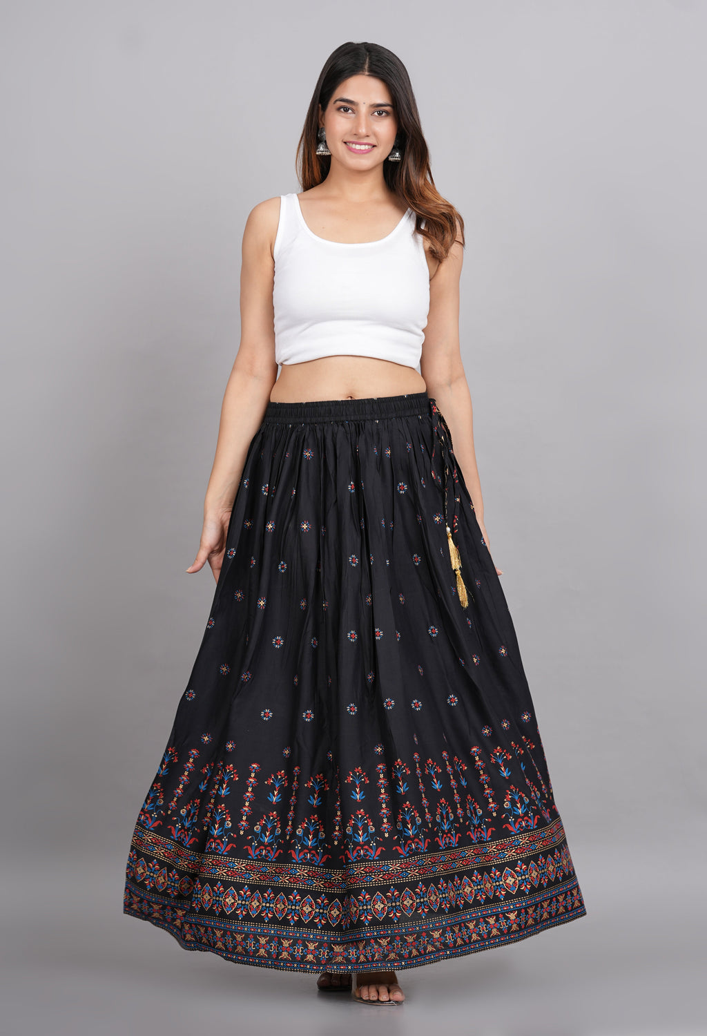 House of RP Women's Black & Pink Rayon Ethnic Printed Circular Skirt | Grocsy