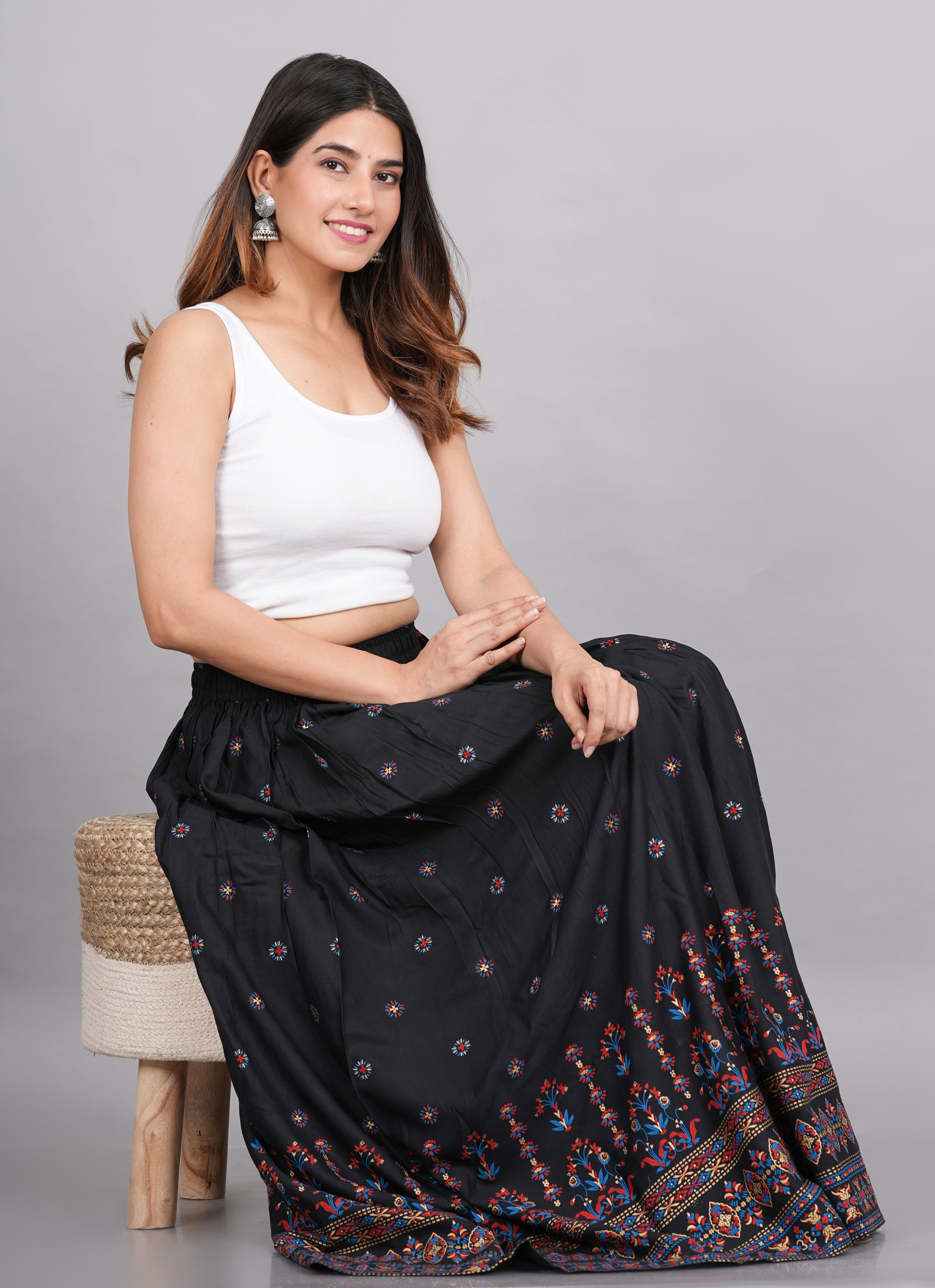 House of RP Women's Black & Pink Rayon Ethnic Printed Circular Skirt | Grocsy