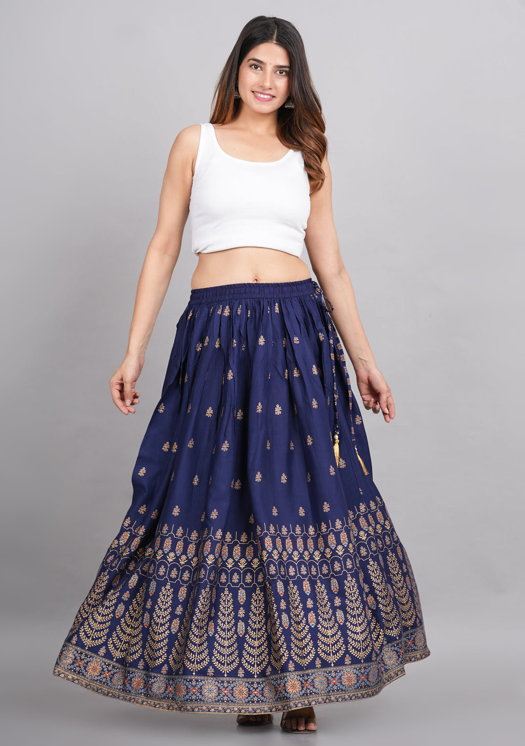 House of RP Women's Blue Rayon Ethnic Printed Circular Skirt | Grocsy
