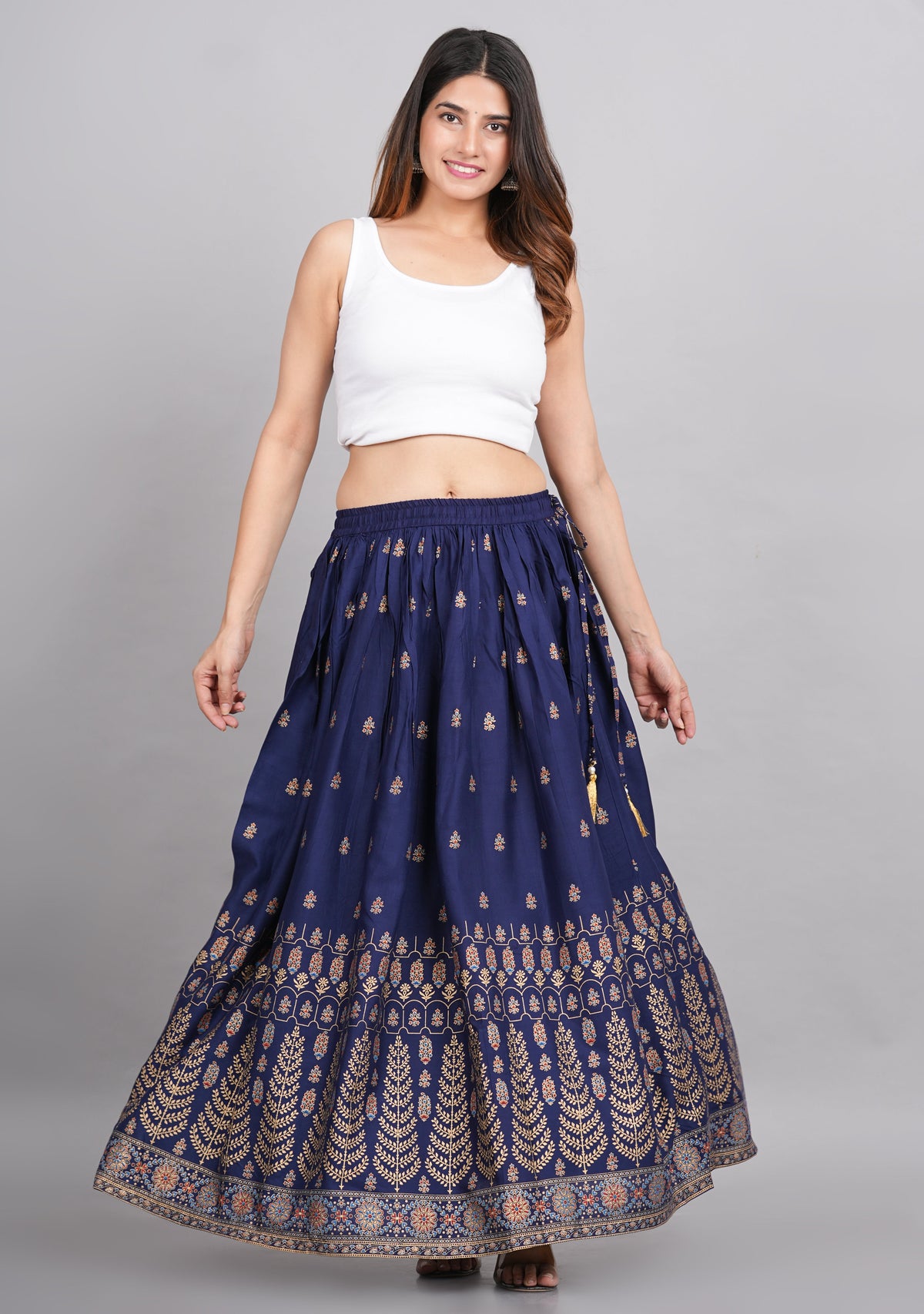 House of RP Women's Blue Rayon Ethnic Printed Circular Skirt | Grocsy