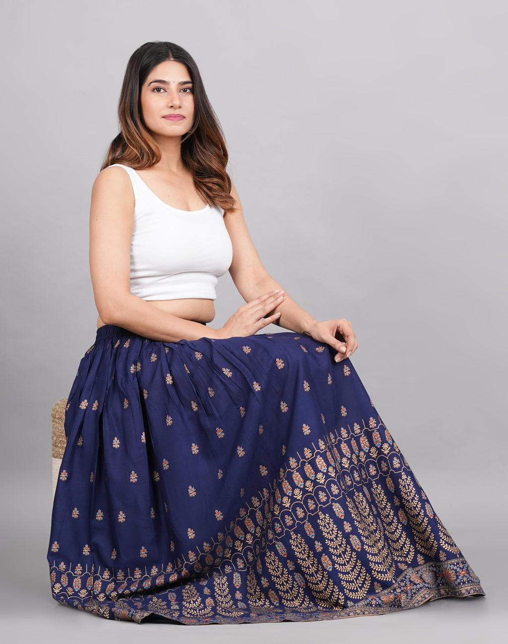 House of RP Women's Blue Rayon Ethnic Printed Circular Skirt | Grocsy