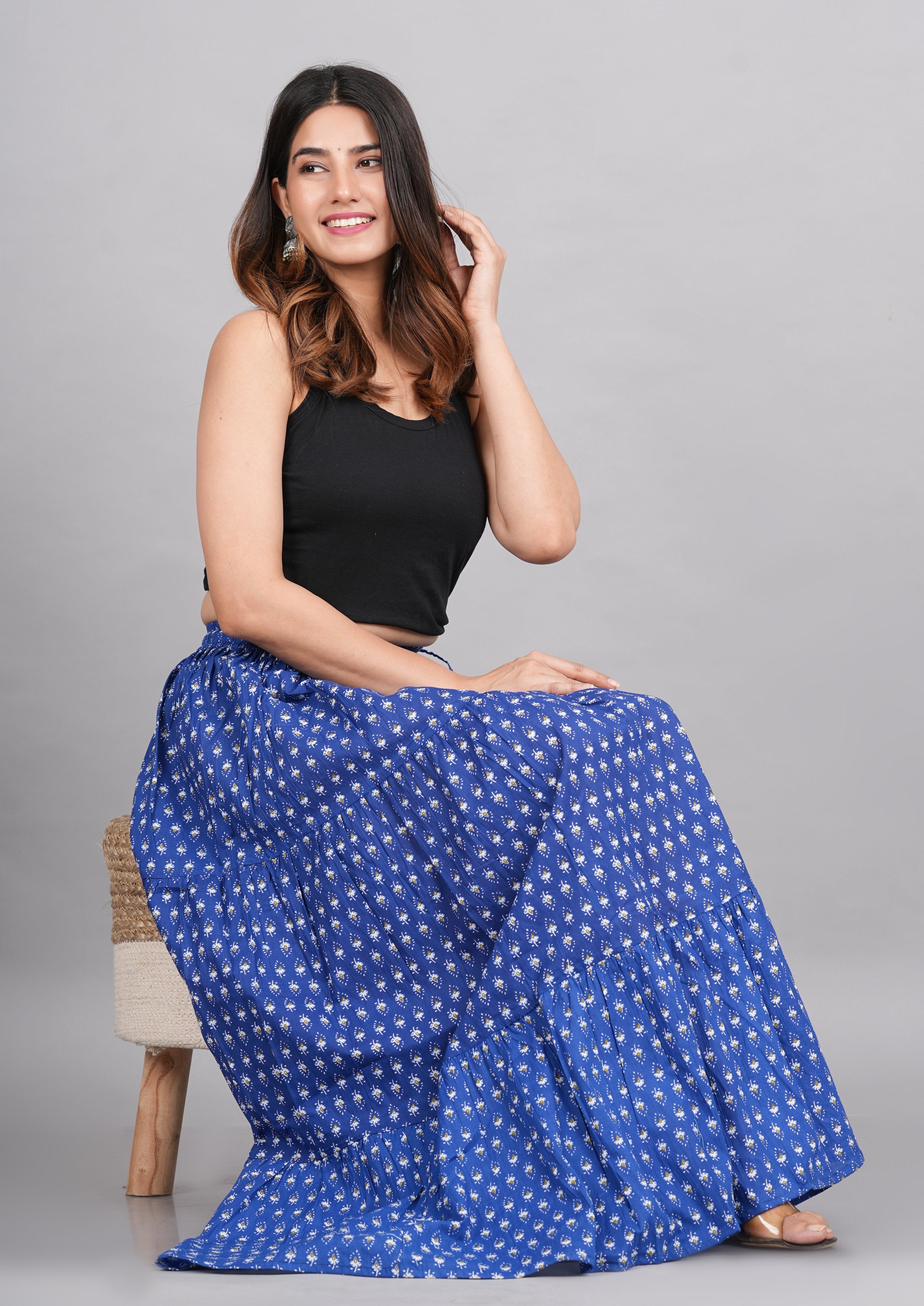 House of RP Women's Light Blue Rayon Ethnic Printed Circular Skirt | Grocsy