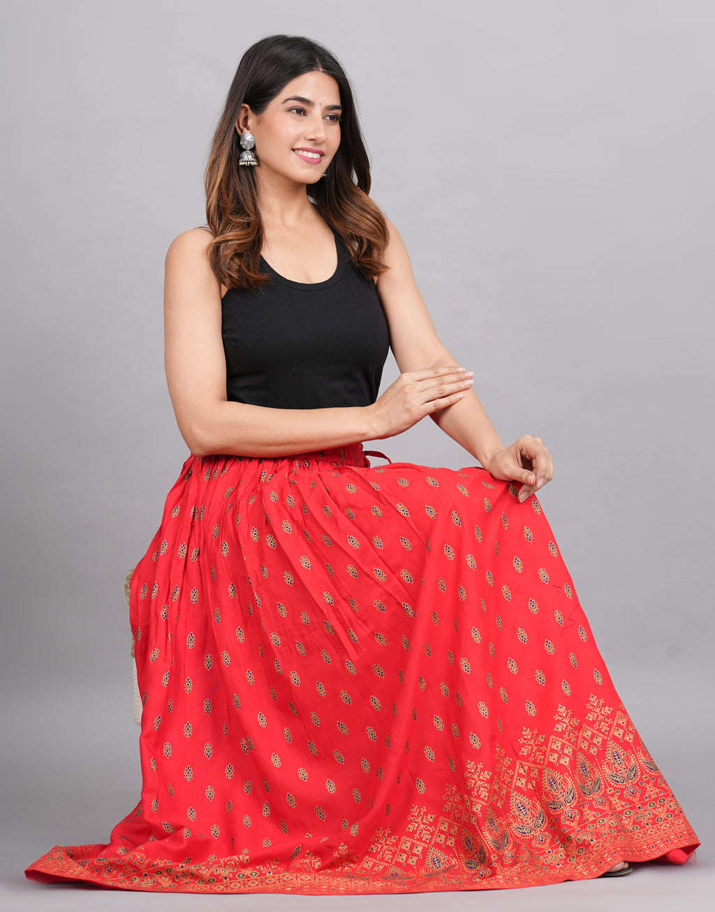 House of RP Women's Red Rayon Ethnic Printed Circular Skirt | Grocsy