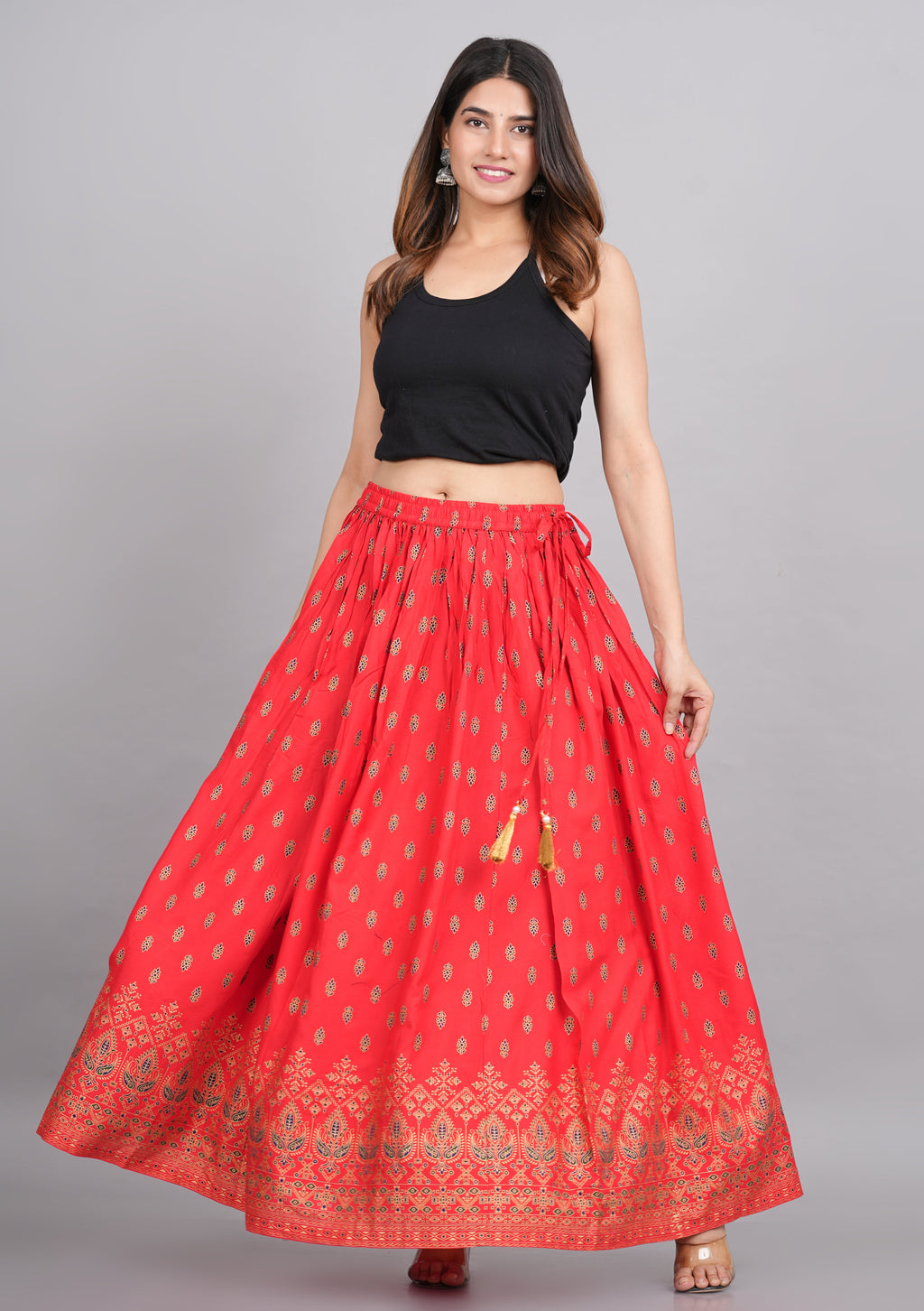House of RP Women's Red Rayon Ethnic Printed Circular Skirt | Grocsy