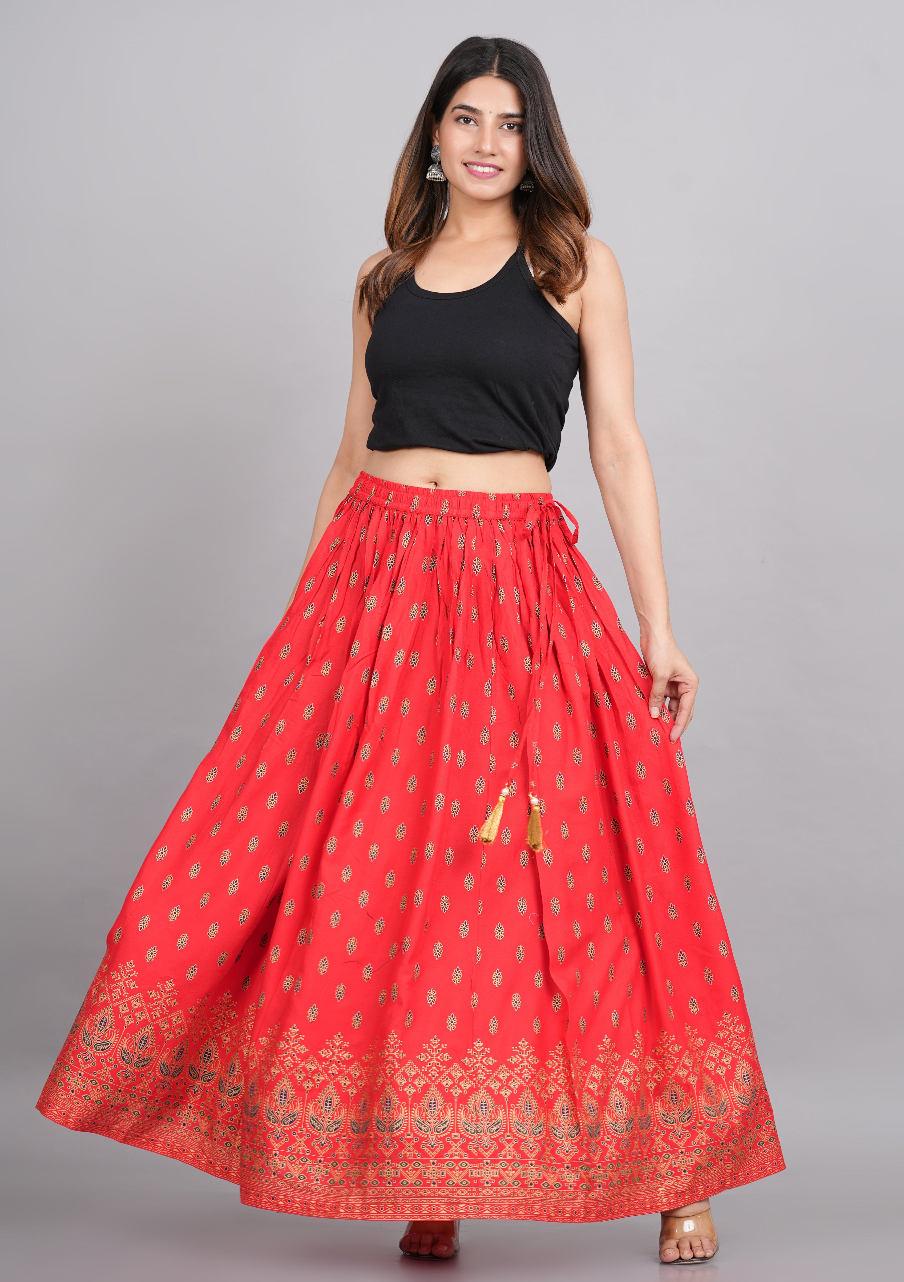 House of RP Women's Red Rayon Ethnic Printed Circular Skirt | Grocsy