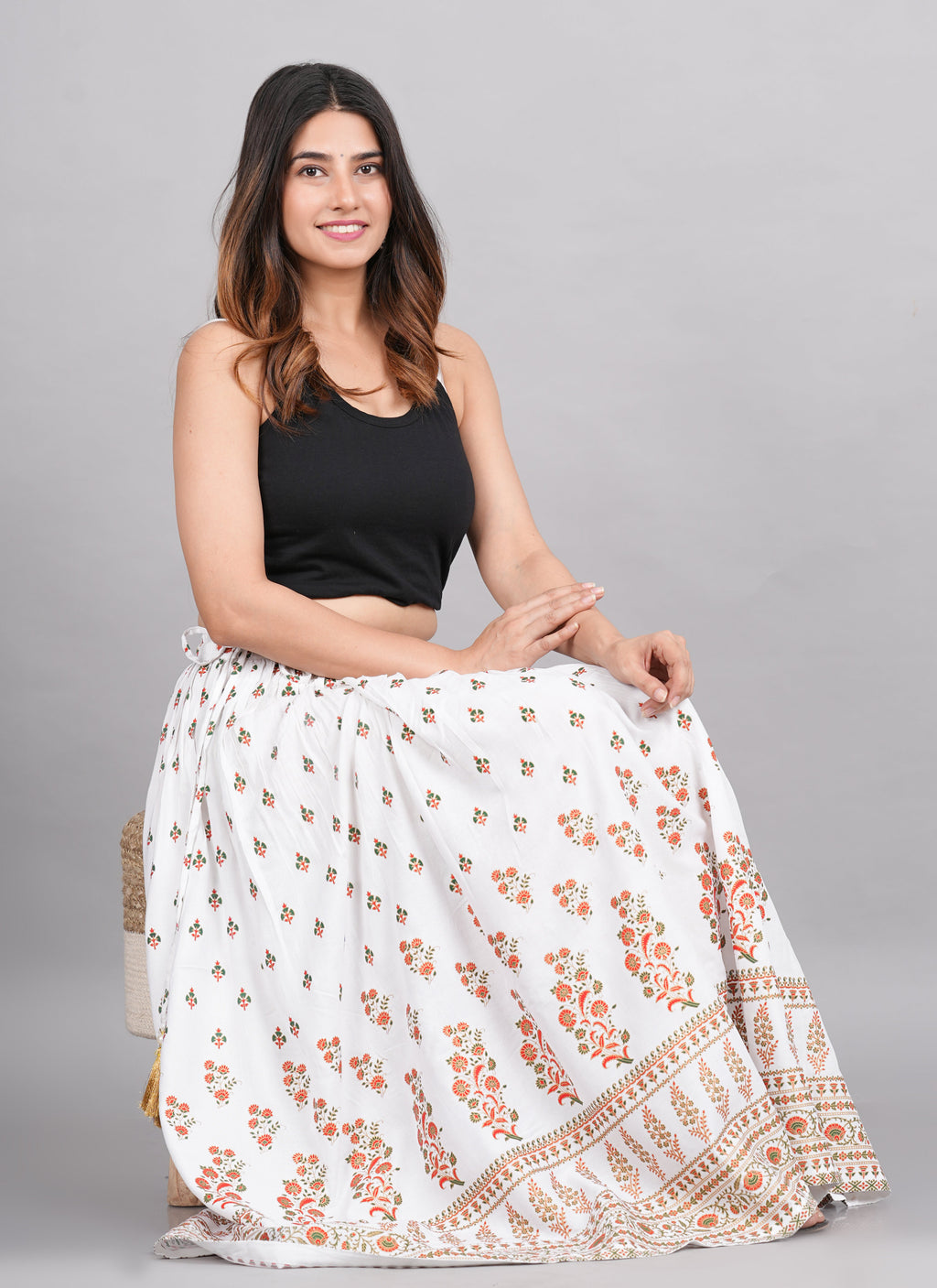 House of RP Women's White Rayon Ethnic Printed Circular Skirt | Grocsy