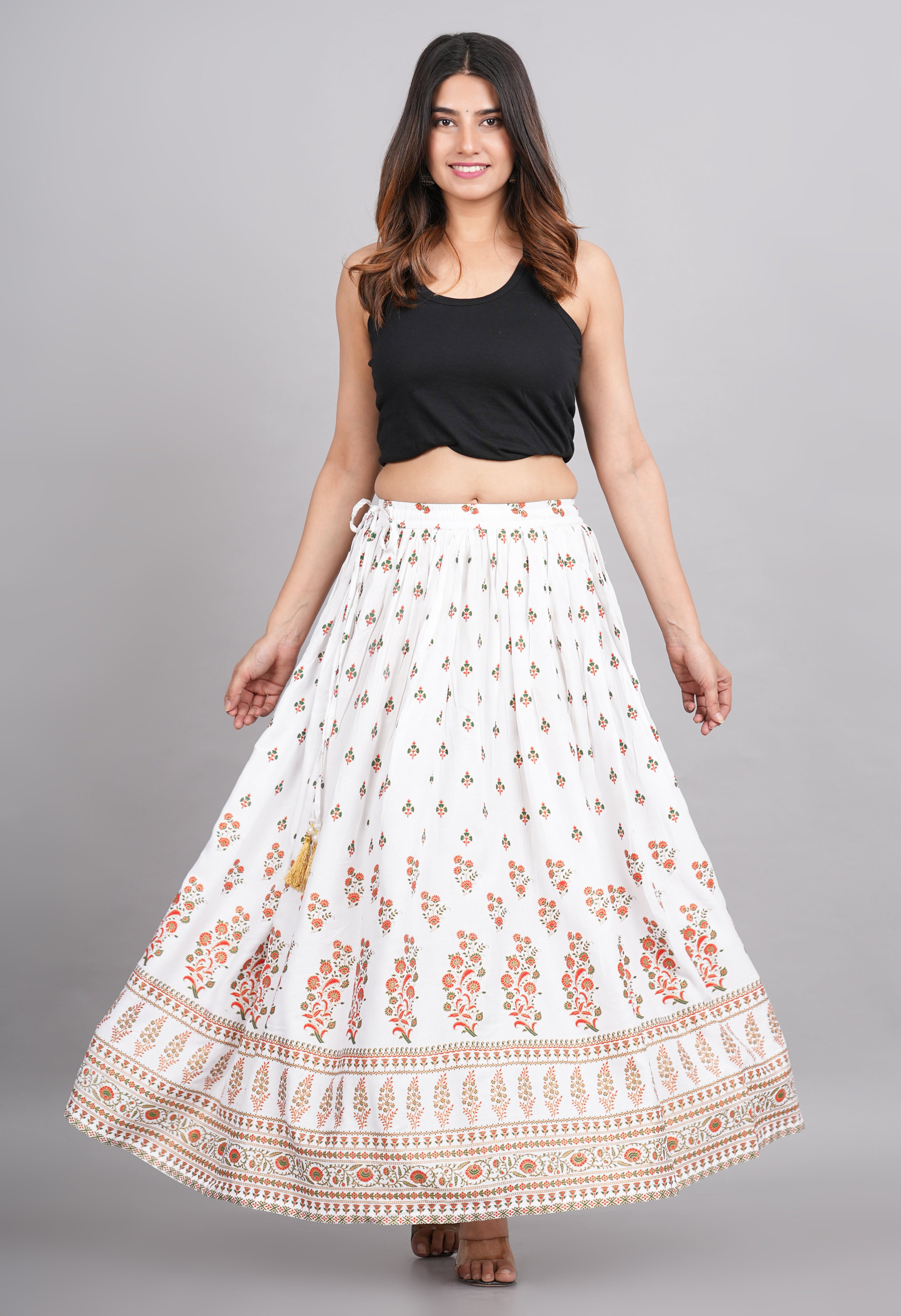 House of RP Women's White Rayon Ethnic Printed Circular Skirt | Grocsy