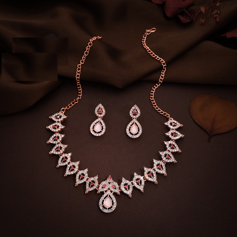 Tehzeeb Creations Pink Colour Diamond Choker Necklace Jewellery Set With Matching Pair of Earrings For Women And Girls | Grocsy