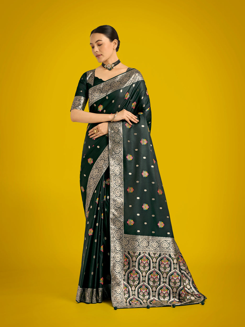 Monjolika Fashion Dark Green Charming Soft Banarasi Zari Woven Designer Satin Silk Saree With Lovely Blouse Piece | Grocsy