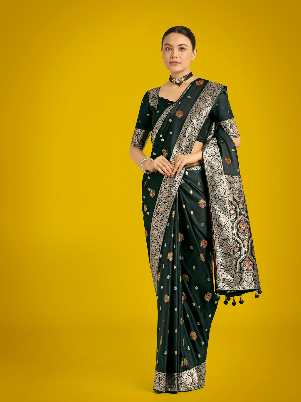 Monjolika Fashion Dark Green Charming Soft Banarasi Zari Woven Designer Satin Silk Saree With Lovely Blouse Piece | Grocsy