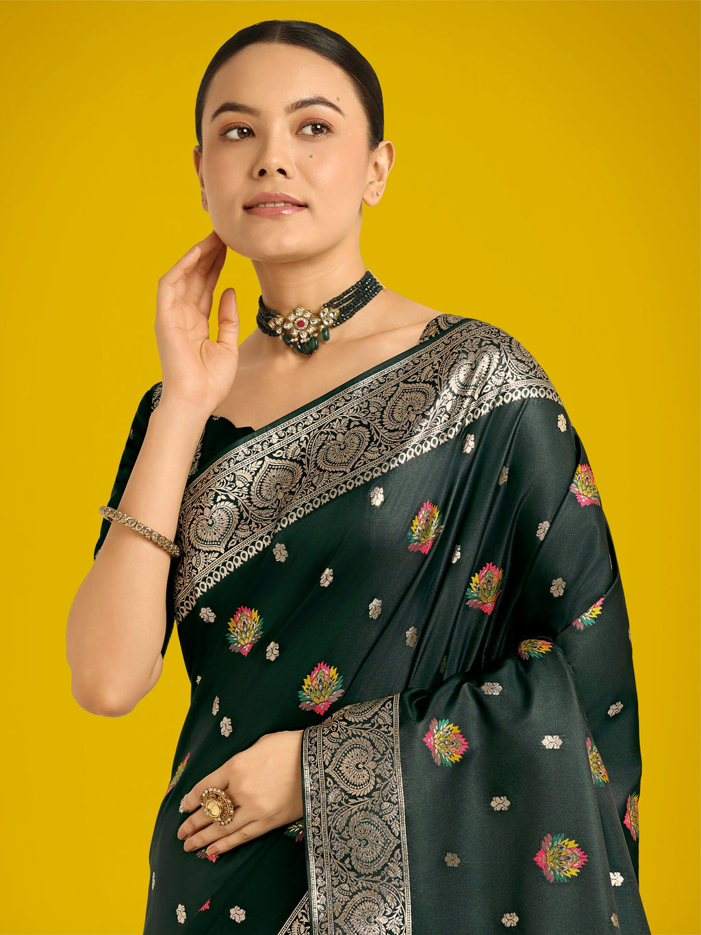 Monjolika Fashion Dark Green Charming Soft Banarasi Zari Woven Designer Satin Silk Saree With Lovely Blouse Piece | Grocsy