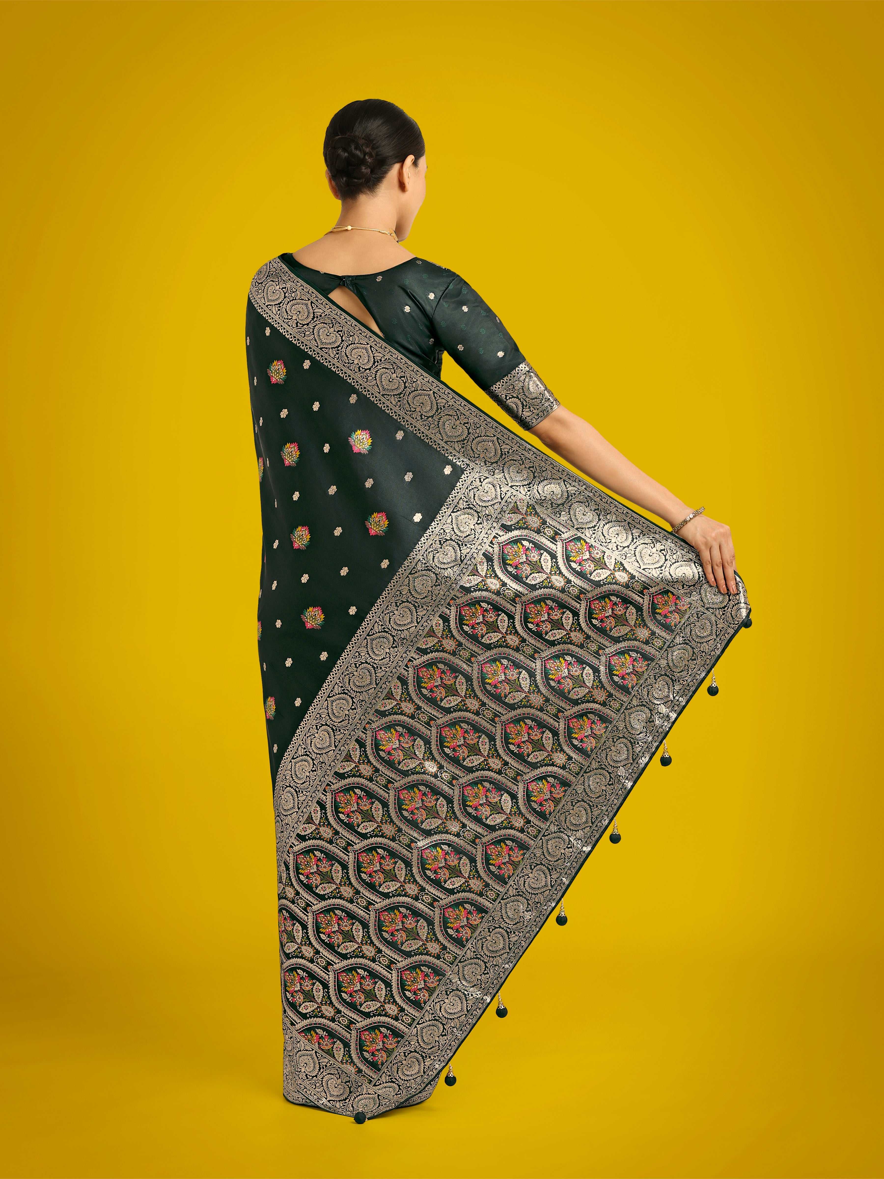 Monjolika Fashion Dark Green Charming Soft Banarasi Zari Woven Designer Satin Silk Saree With Lovely Blouse Piece | Grocsy