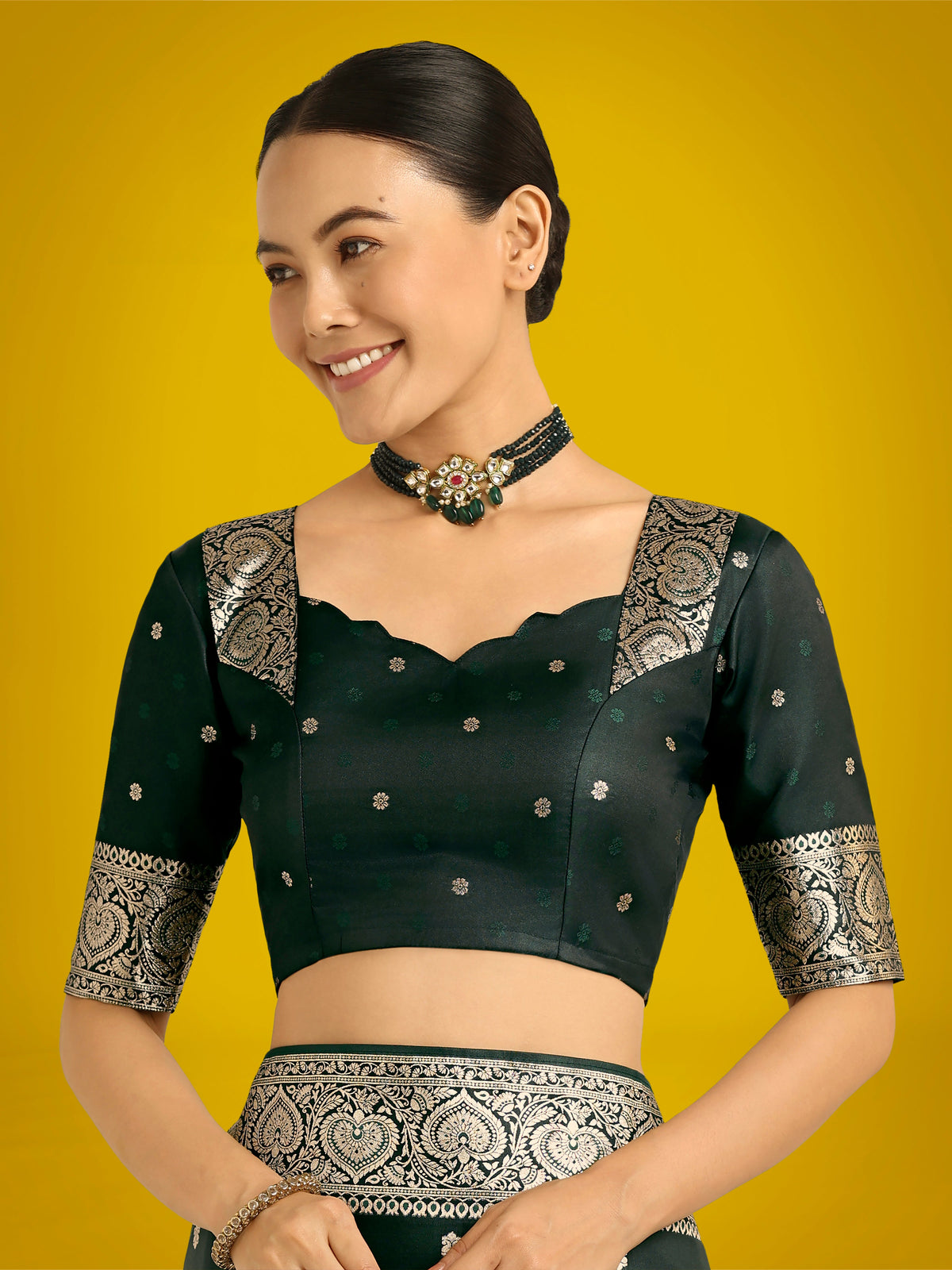 Monjolika Fashion Dark Green Charming Soft Banarasi Zari Woven Designer Satin Silk Saree With Lovely Blouse Piece | Grocsy
