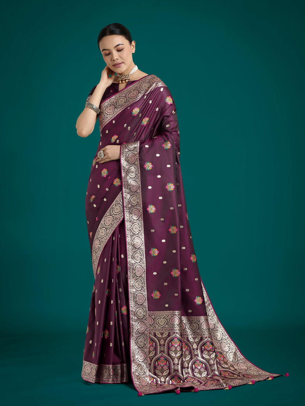Monjolika Fashion Wine Charming Soft Banarasi Zari Woven Designer Satin Silk Saree With Lovely Blouse Piece | Grocsy