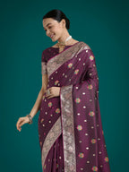Monjolika Fashion Wine Charming Soft Banarasi Zari Woven Designer Satin Silk Saree With Lovely Blouse Piece | Grocsy