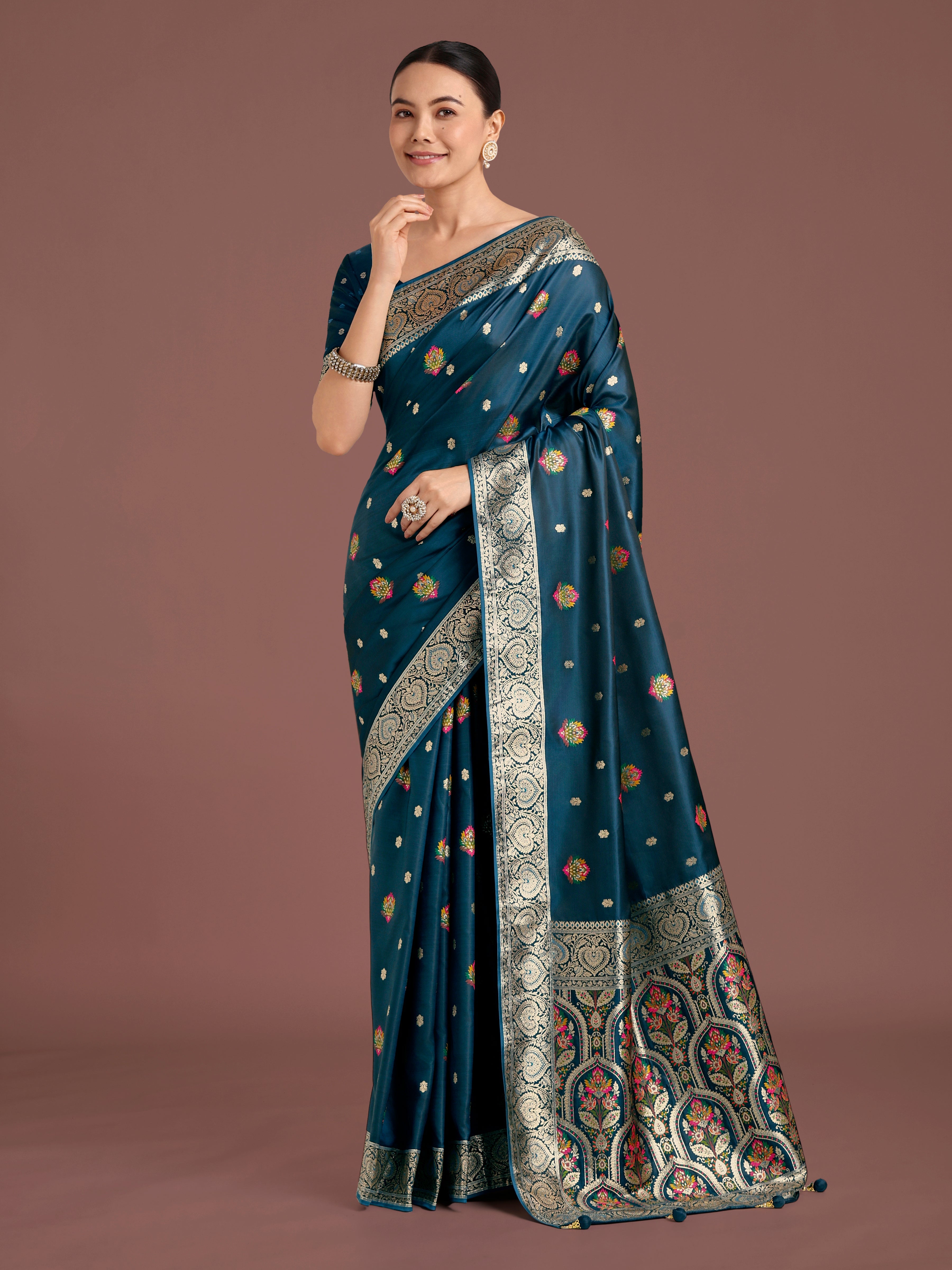 Monjolika Fashion Teal Charming Soft Banarasi Zari Woven Designer Satin Silk Saree With Lovely Blouse Piece | Grocsy