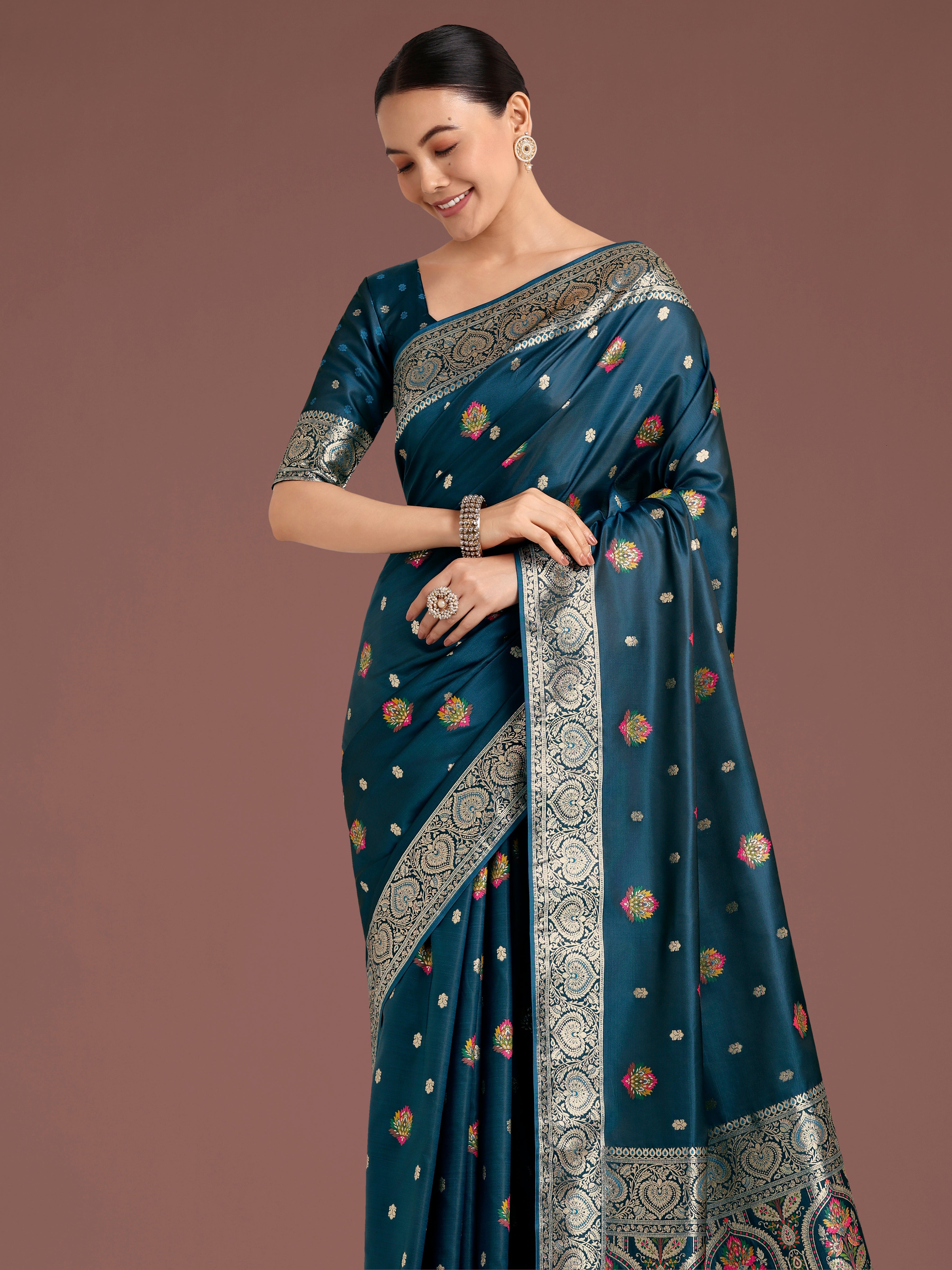 Monjolika Fashion Teal Charming Soft Banarasi Zari Woven Designer Satin Silk Saree With Lovely Blouse Piece | Grocsy