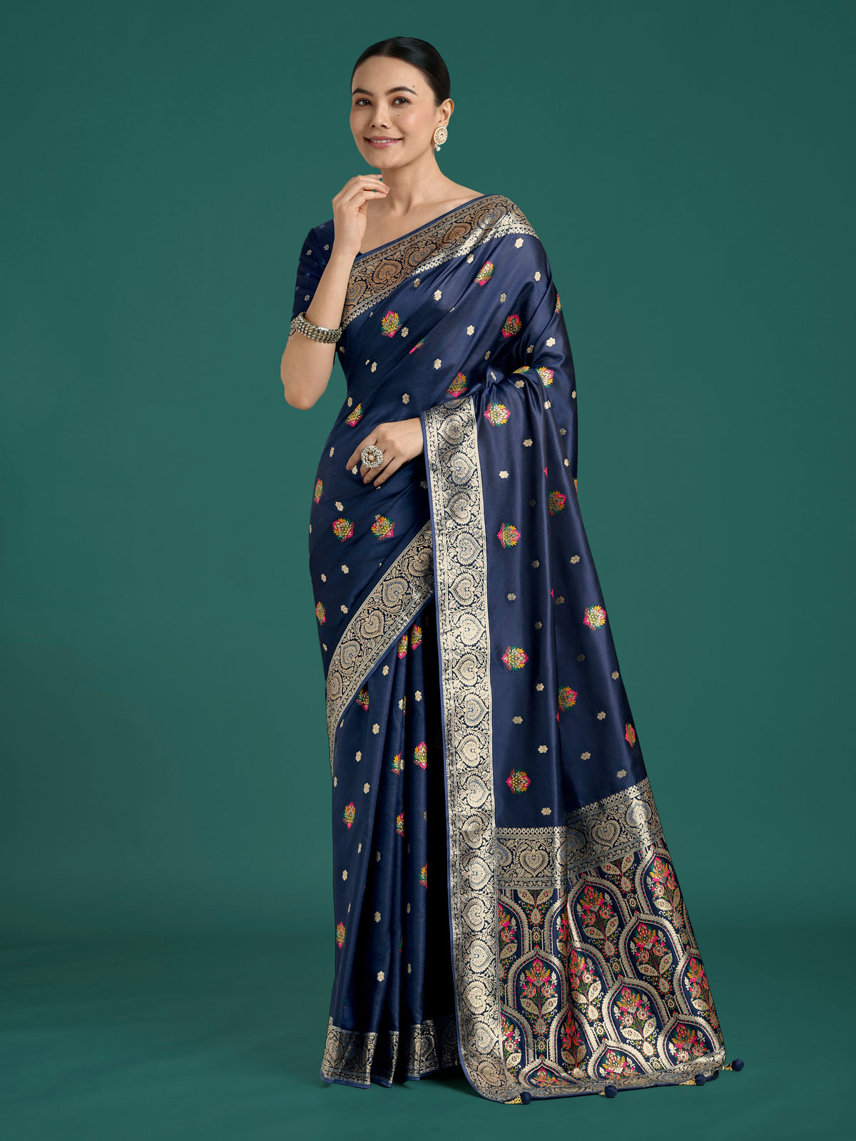Monjolika Fashion Navy blue Charming Soft Banarasi Zari Woven Designer Satin Silk Saree With Lovely Blouse Piece | Grocsy