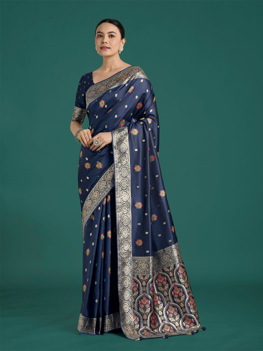 Monjolika Fashion Navy blue Charming Soft Banarasi Zari Woven Designer Satin Silk Saree With Lovely Blouse Piece | Grocsy