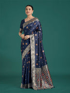 Monjolika Fashion Navy blue Charming Soft Banarasi Zari Woven Designer Satin Silk Saree With Lovely Blouse Piece | Grocsy