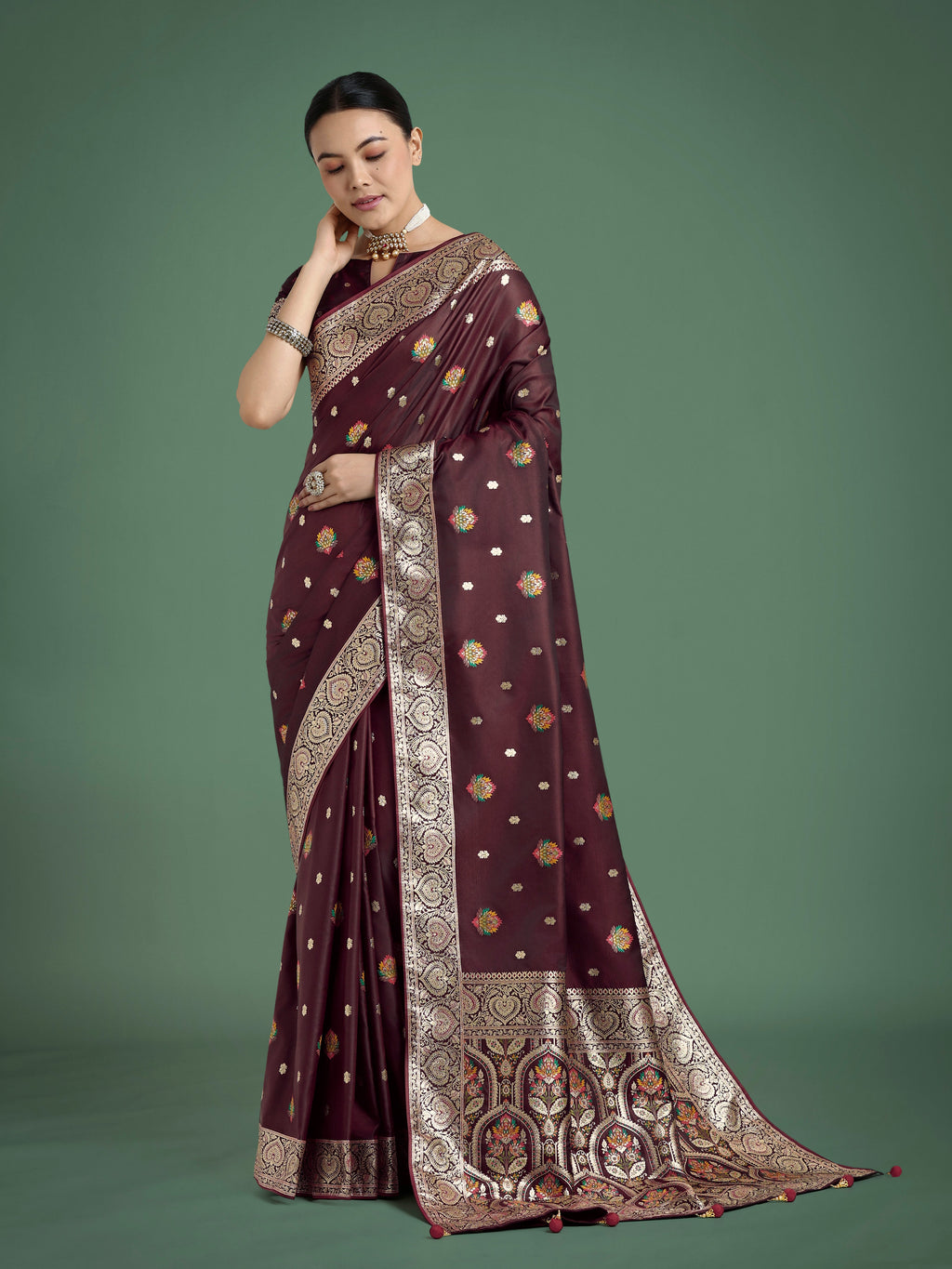 Monjolika Fashion Maroon Charming Soft Banarasi Zari Woven Designer Satin Silk Saree With Lovely Blouse Piece | Grocsy