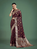Monjolika Fashion Maroon Charming Soft Banarasi Zari Woven Designer Satin Silk Saree With Lovely Blouse Piece | Grocsy