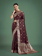 Monjolika Fashion Maroon Charming Soft Banarasi Zari Woven Designer Satin Silk Saree With Lovely Blouse Piece | Grocsy