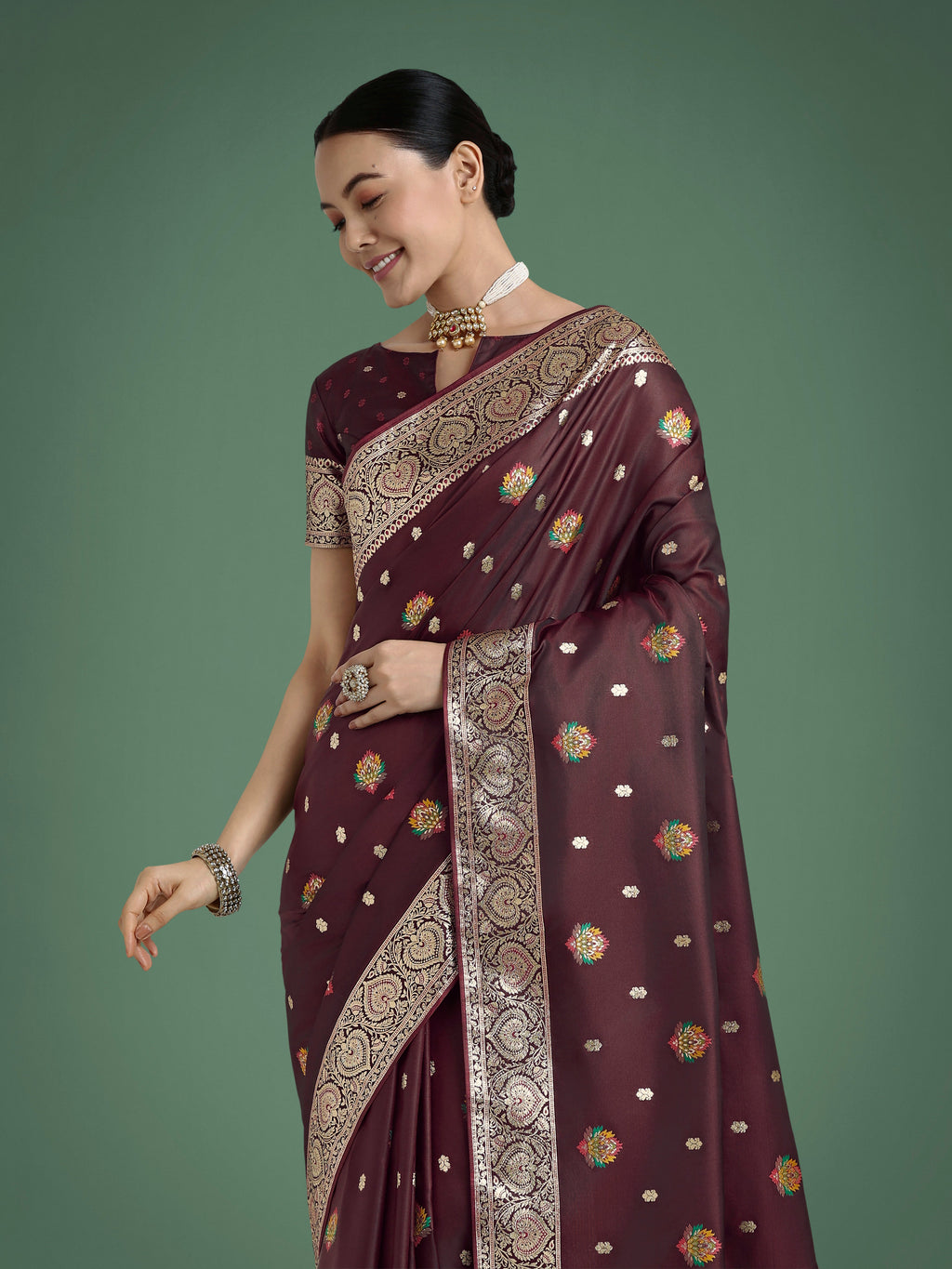 Monjolika Fashion Maroon Charming Soft Banarasi Zari Woven Designer Satin Silk Saree With Lovely Blouse Piece | Grocsy