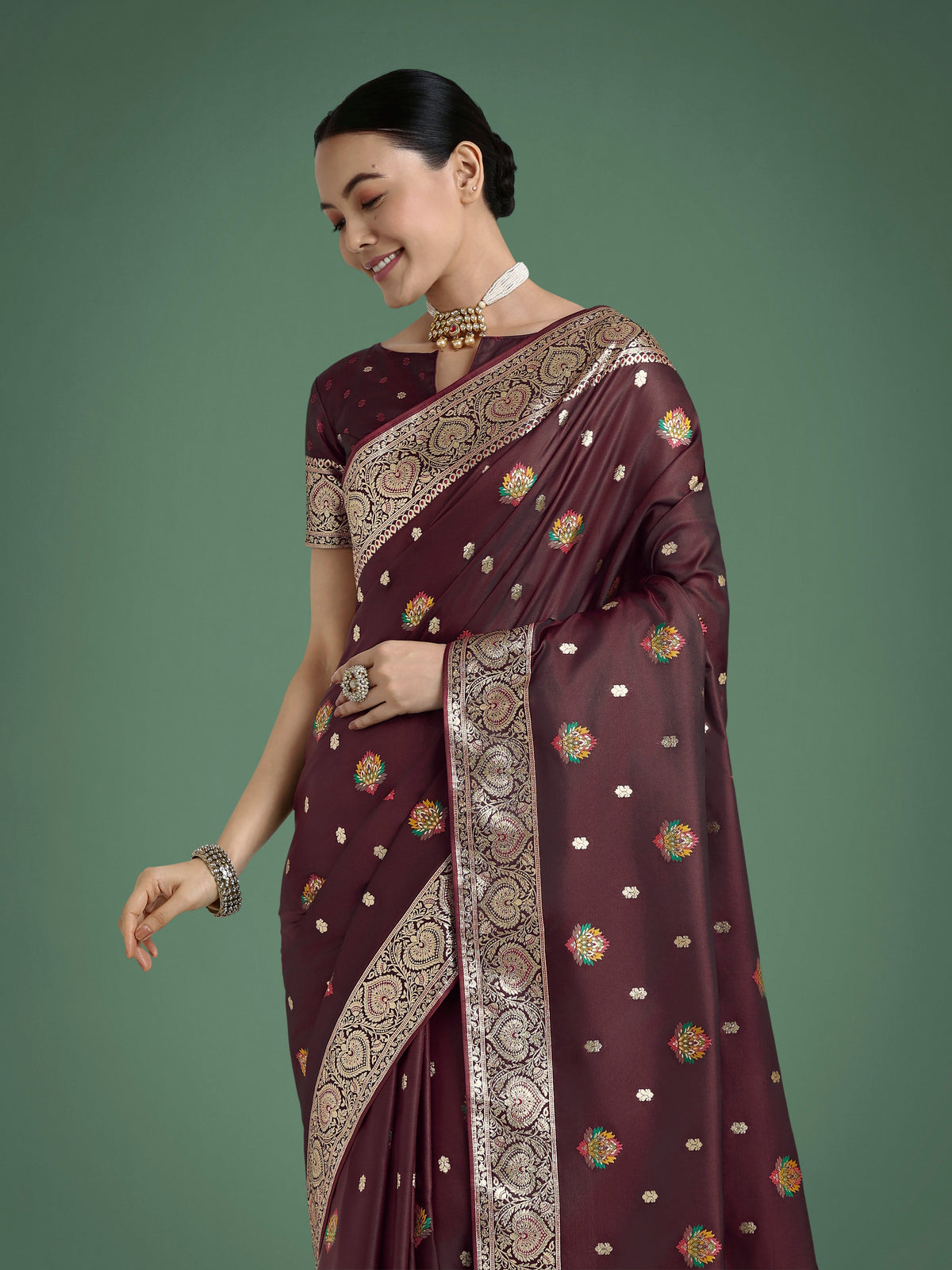Monjolika Fashion Maroon Charming Soft Banarasi Zari Woven Designer Satin Silk Saree With Lovely Blouse Piece | Grocsy