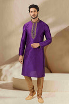 Raivat Ethnic Banarasi Art Silk Thread Work Kurta Pajama In Purple Colour | Grocsy