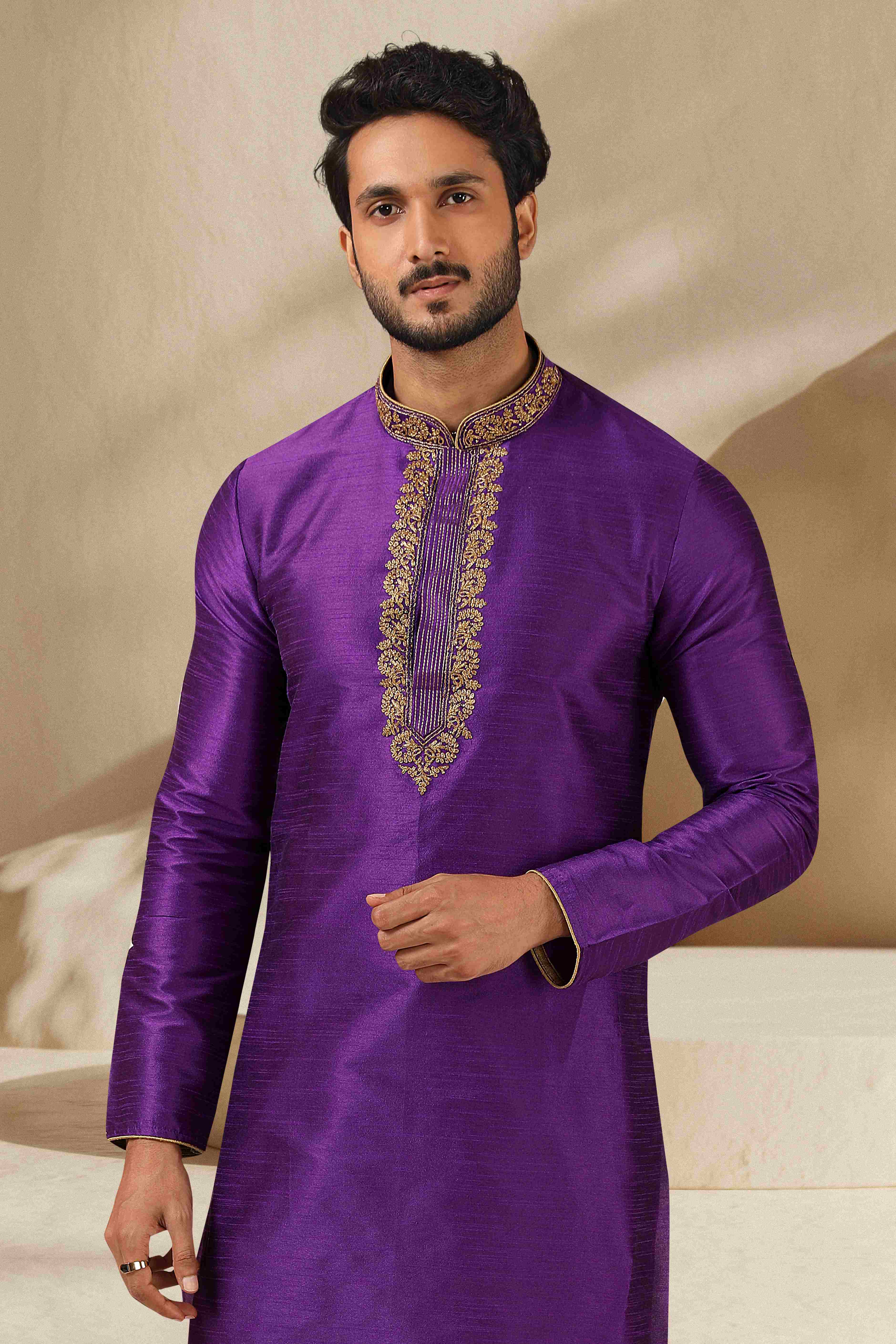 Raivat Ethnic Banarasi Art Silk Thread Work Kurta Pajama In Purple Colour | Grocsy