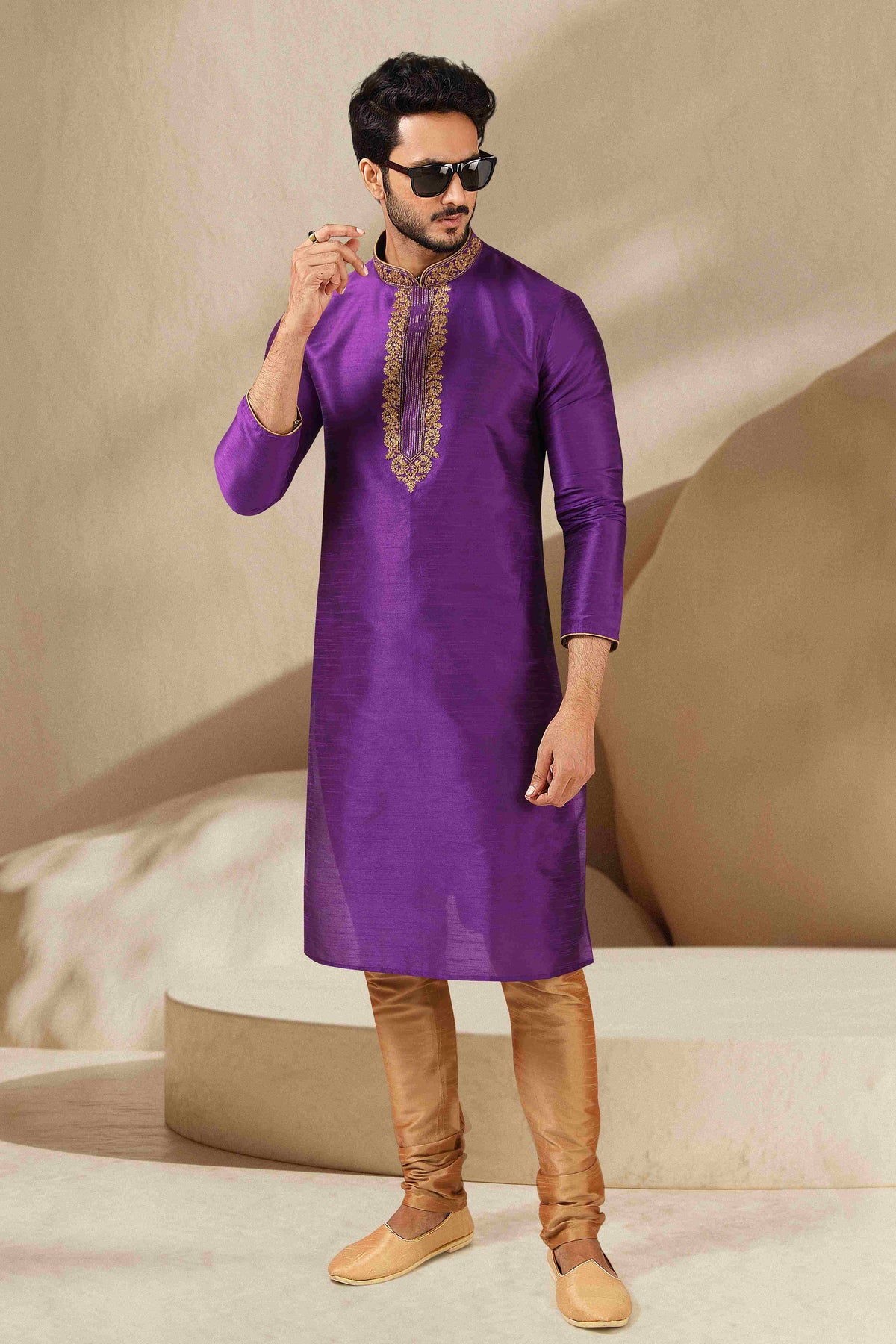 Raivat Ethnic Banarasi Art Silk Thread Work Kurta Pajama In Purple Colour | Grocsy
