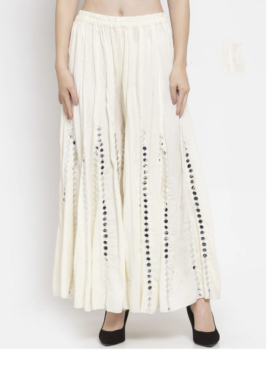PAVONINE Cream Color Mirror Embroidery Work Gharara | Grocsy