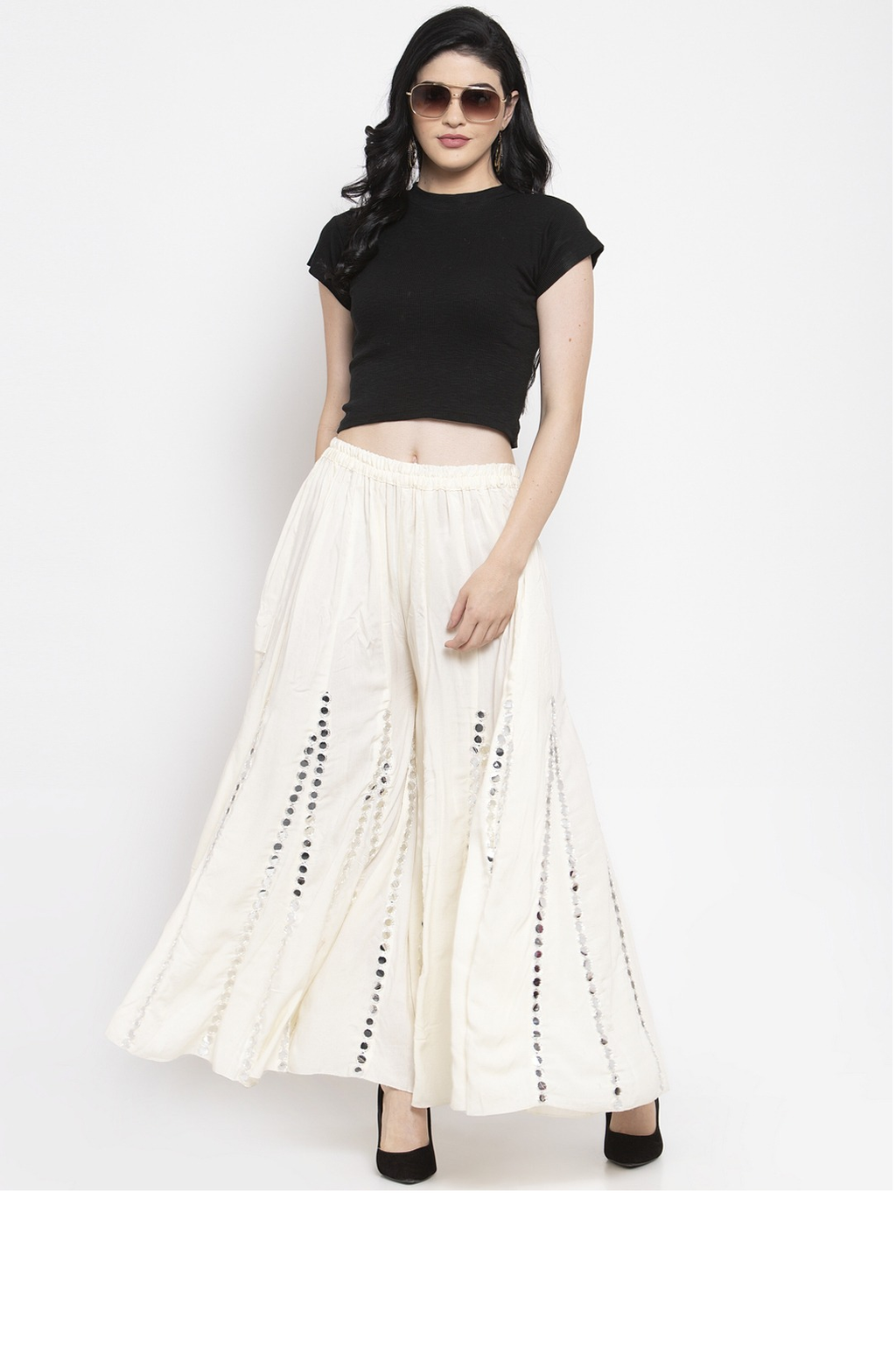 PAVONINE Cream Color Mirror Embroidery Work Gharara | Grocsy