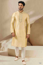 Raivat Ethnic Banarasi Art Silk Thread Work Kurta Pajama In Gold Colour | Grocsy