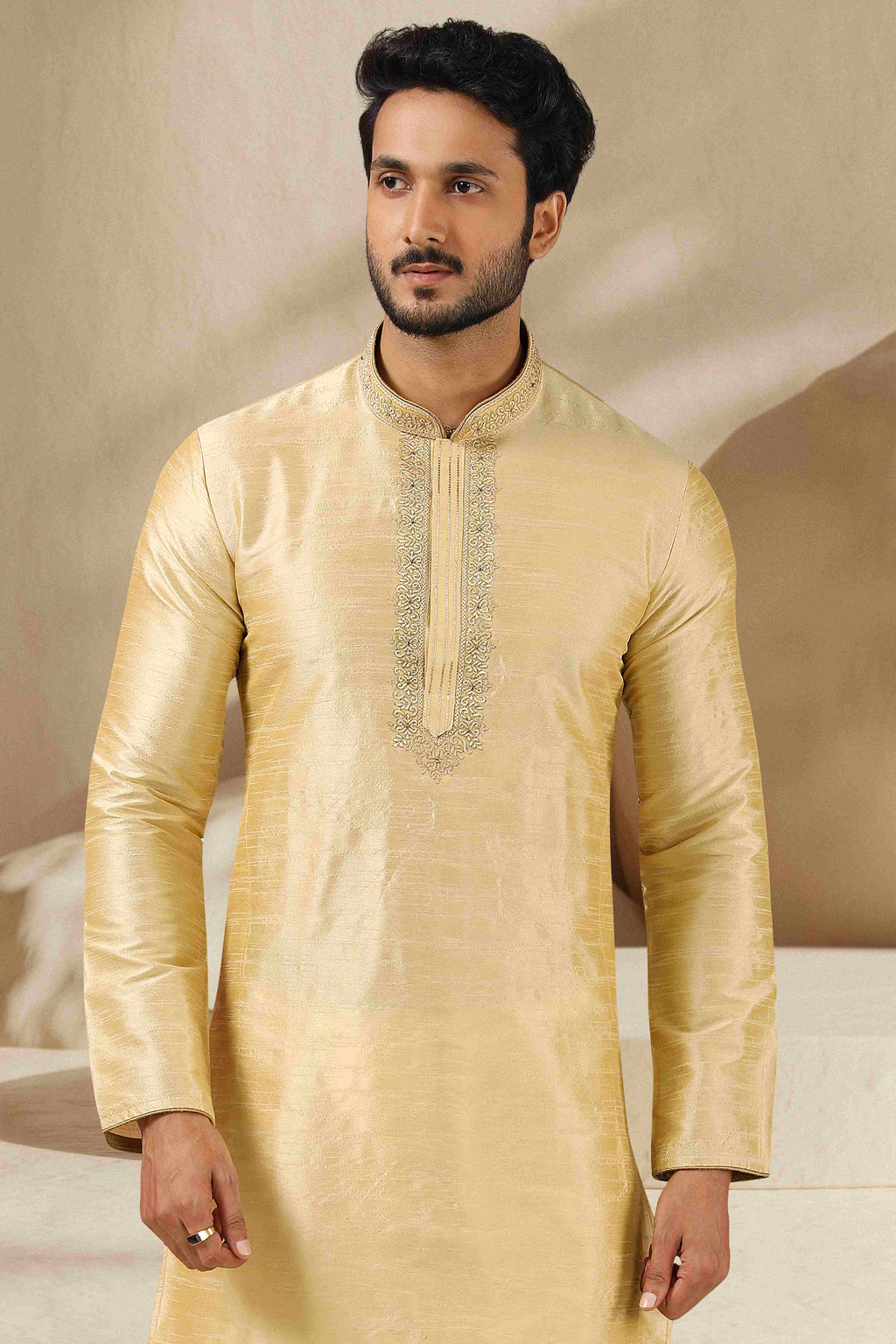Raivat Ethnic Banarasi Art Silk Thread Work Kurta Pajama In Gold Colour | Grocsy