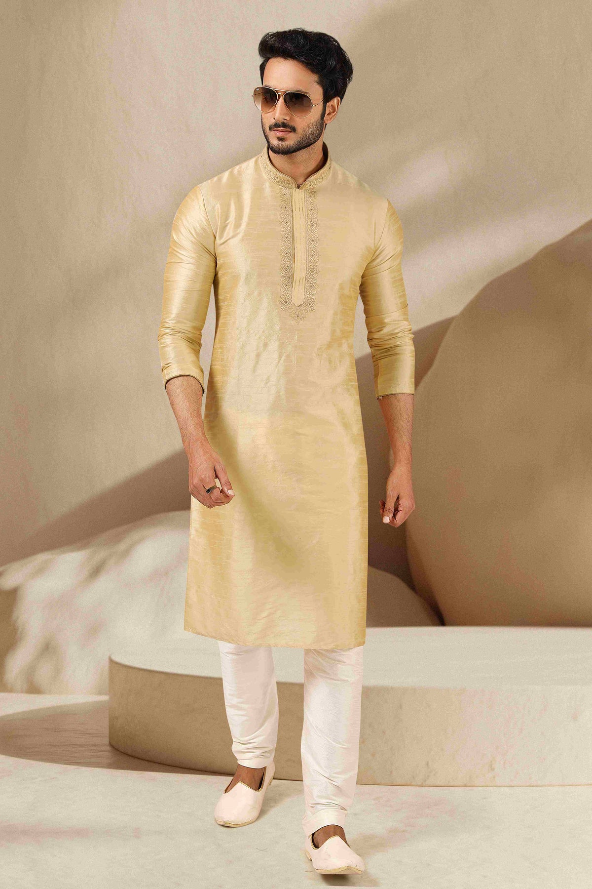 Raivat Ethnic Banarasi Art Silk Thread Work Kurta Pajama In Gold Colour | Grocsy