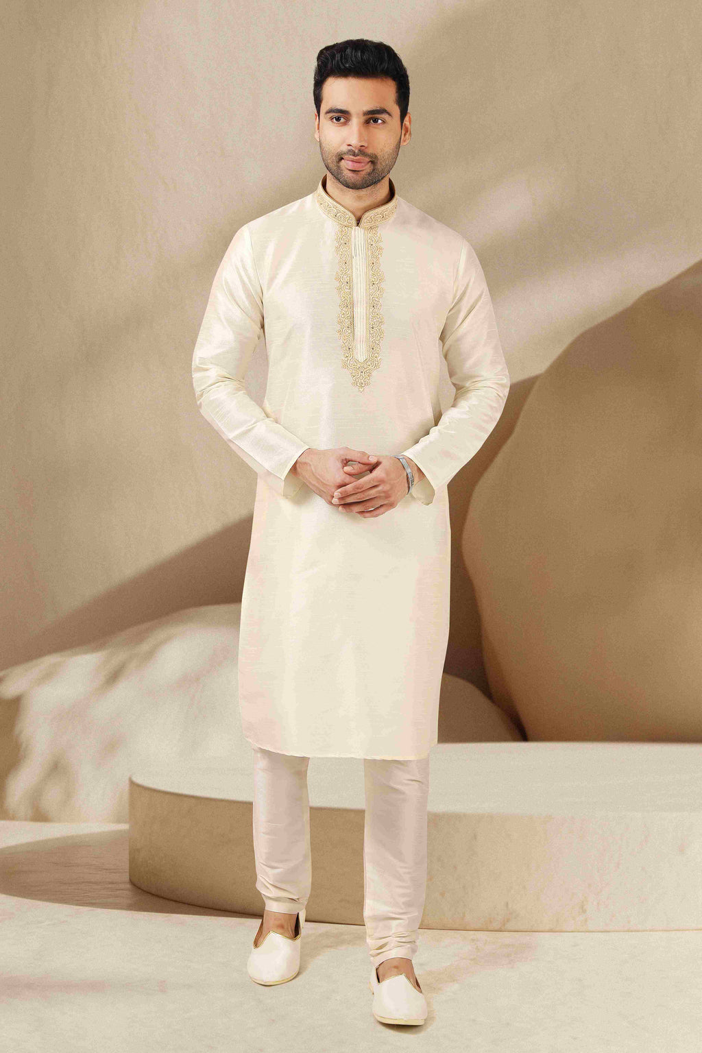 Raivat Ethnic Banarasi Art Silk Thread Work Kurta Pajama In Lemon Cream Colour | Grocsy