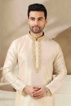 Raivat Ethnic Banarasi Art Silk Thread Work Kurta Pajama In Lemon Cream Colour | Grocsy