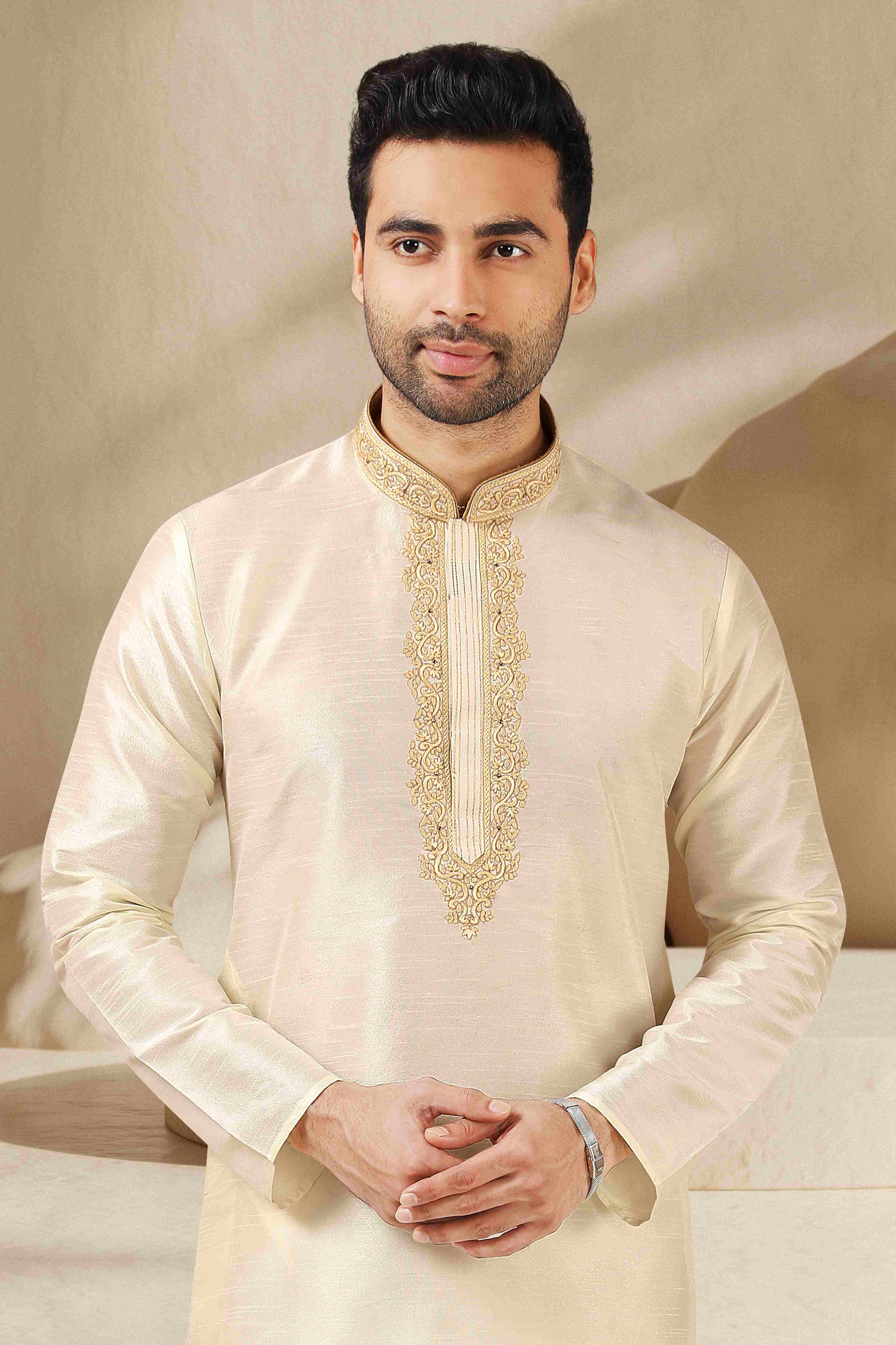Raivat Ethnic Banarasi Art Silk Thread Work Kurta Pajama In Lemon Cream Colour | Grocsy