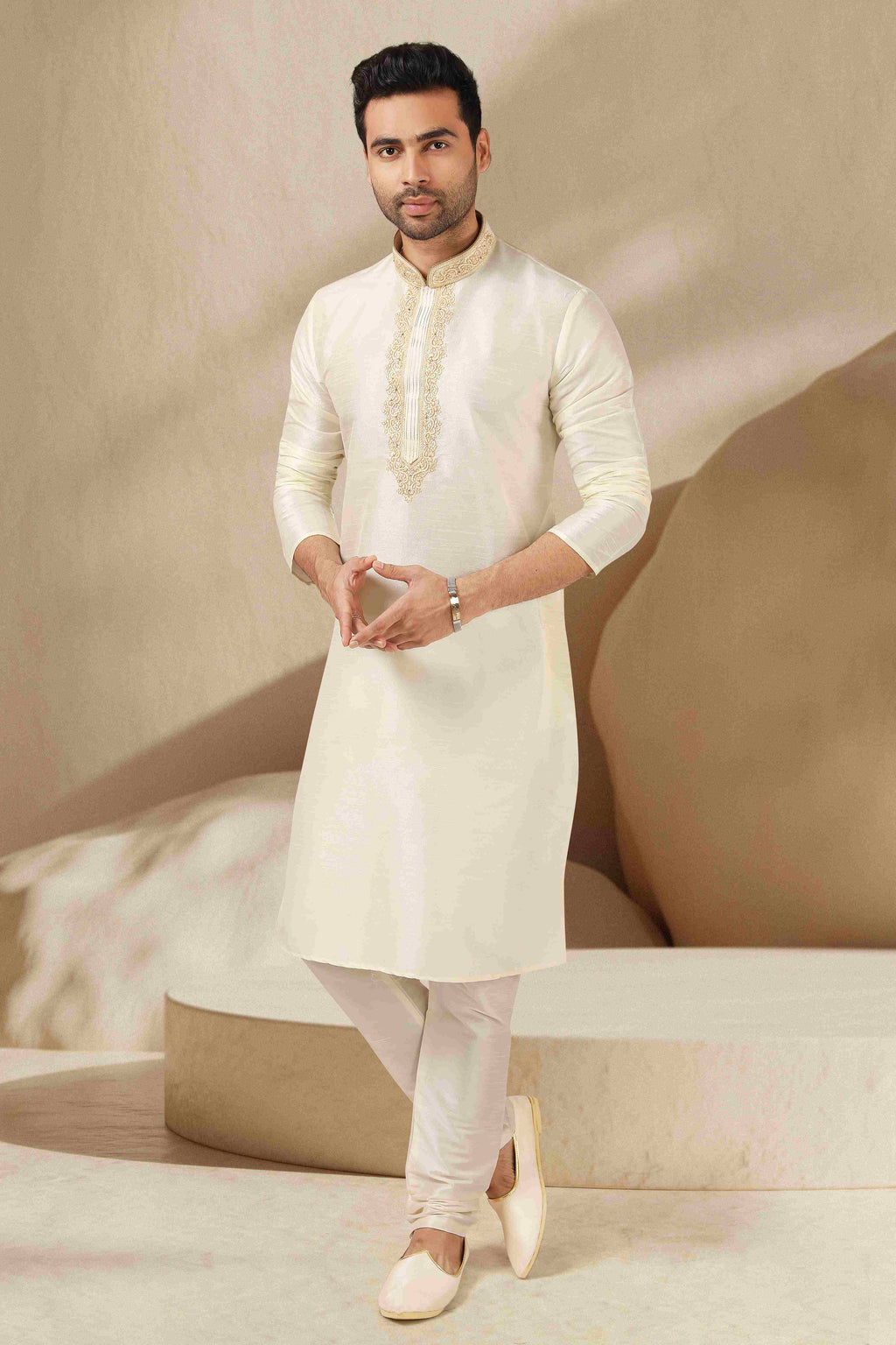 Raivat Ethnic Banarasi Art Silk Thread Work Kurta Pajama In Lemon Cream Colour | Grocsy