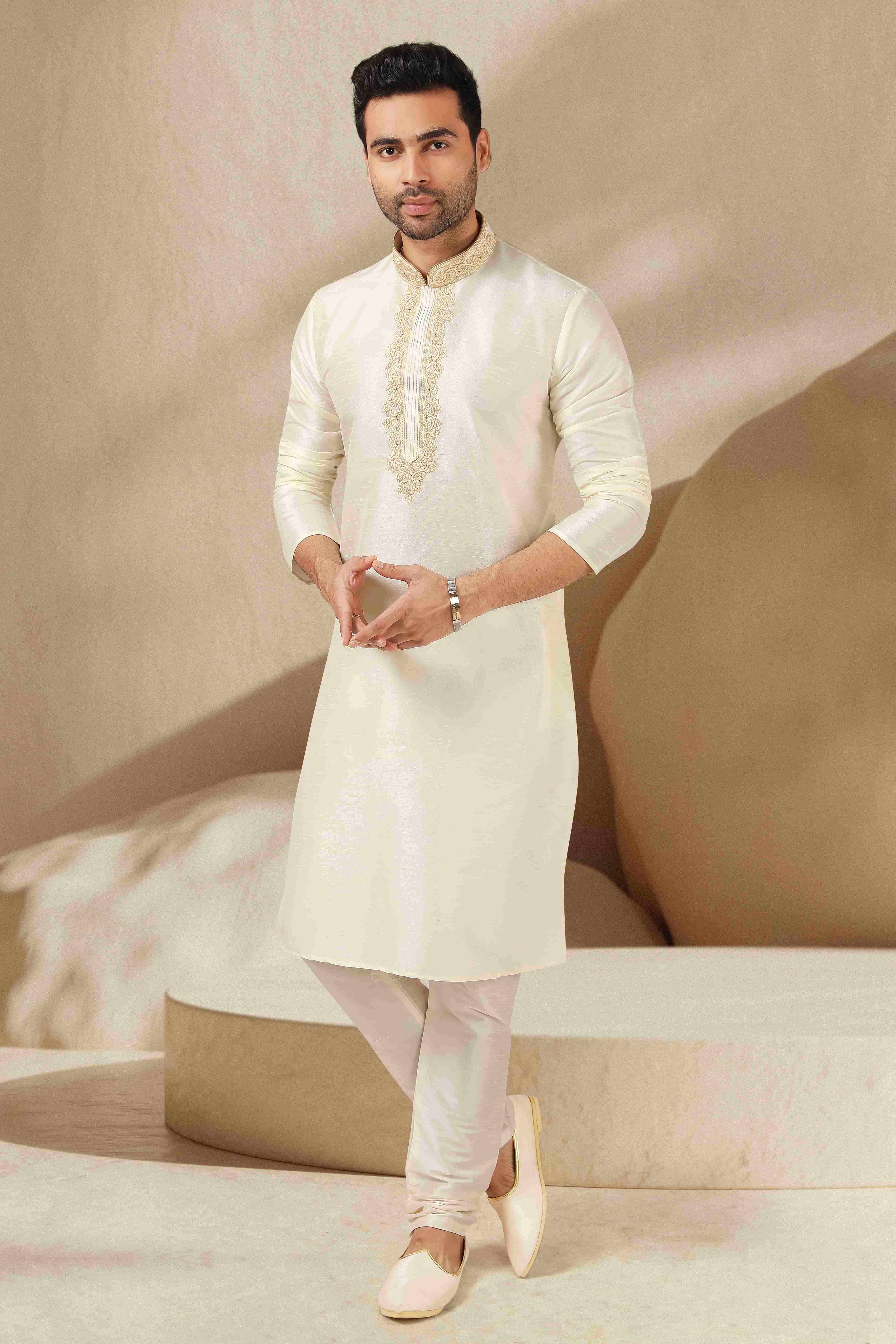 Raivat Ethnic Banarasi Art Silk Thread Work Kurta Pajama In Lemon Cream Colour | Grocsy