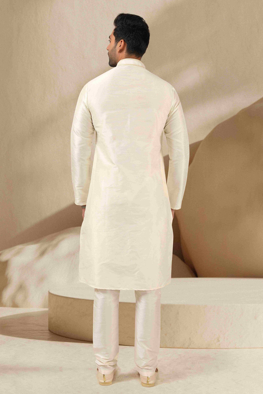 Raivat Ethnic Banarasi Art Silk Thread Work Kurta Pajama In Lemon Cream Colour | Grocsy