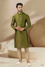 Raivat Ethnic Banarasi Art Silk Thread Work Kurta Pajama In Green Colour | Grocsy